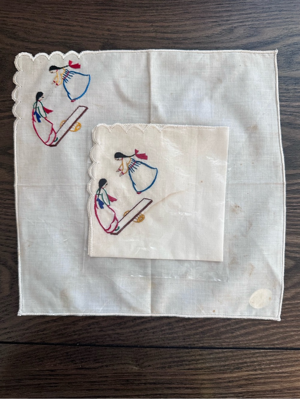 Vintage Korean hand embroidered hanky cottage industry 1950s 60s set of 2